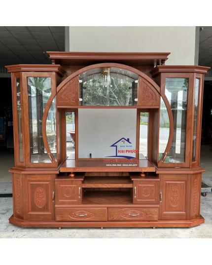 Kệ phòng khách, kệ để tivi cổng tròn  gỗ veneer xoan đào 2m4 KGCTXĐ2M4