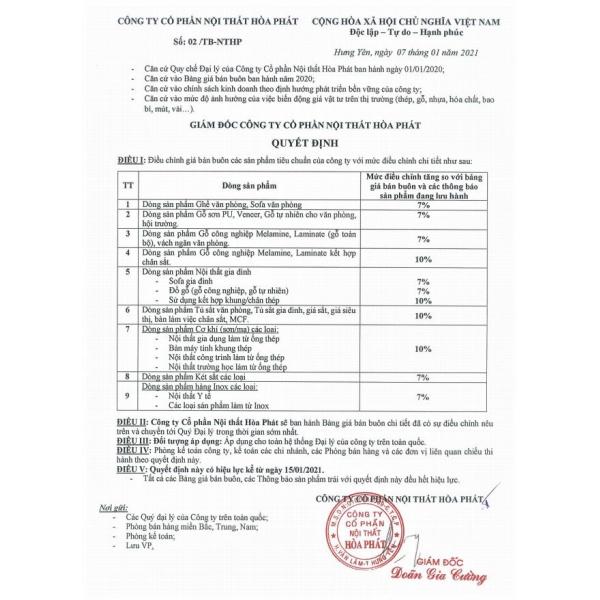 Thông báo tăng giá 21-3-2021